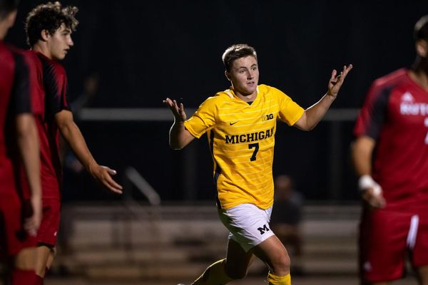 Men's soccer's Alex Waggoner shrugs after scoring the equalizer in an eventual 3-2 win over Rutgers.