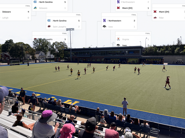 A photo of a field hockey game at Phyllis Ocker Field, with the sky removed and replaced with the NCAA Tournament bracket.